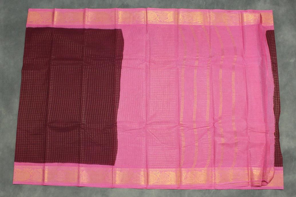 Purple Sungudi Cotton Checked Saree with Pink Peacock Gold Zari Double Border - Unstitched Blouse Included Saree JCS Fashions