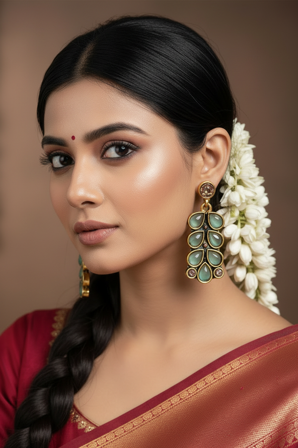 Mint Green Teardrop Leaf Gold-Tone Dangle Earrings — Traditional Ethnic Fashion Jewellery