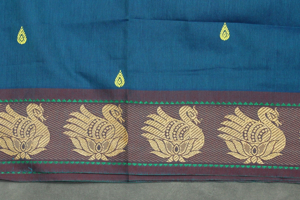 Rama Blue & Yellow Poly Cotton Butta Saree with Thread Border Saree JCS Fashions