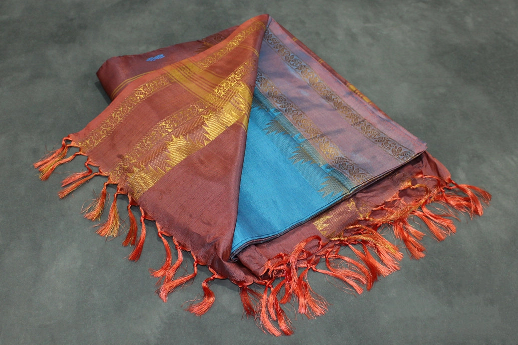 Blue & Brown Vaazhai Naar (Banana Pith) Saree with Zari Border and Small Butta