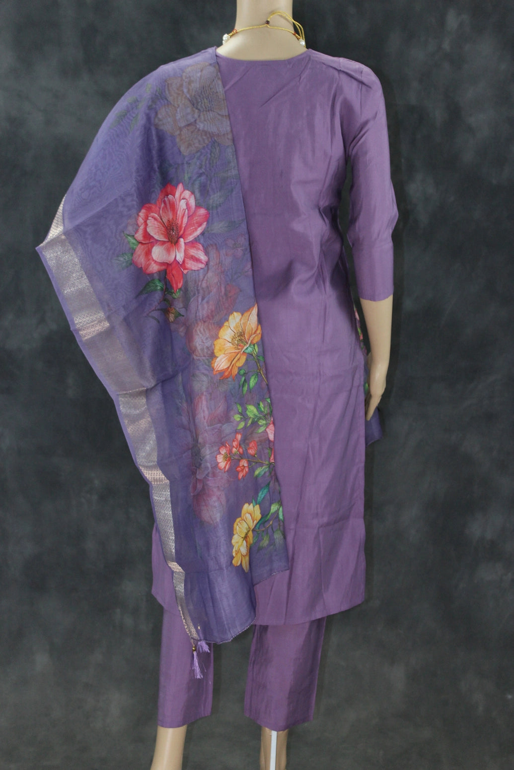 Lavender Roman Silk 3-Piece Salwar Suit with Organza Floral Digital Dupatta and Aari Pearl Neckwork Kurti JCS Fashions