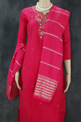Deep Pink Aari Pearl Embroidered Kurti Pant & Dupatta 3-Piece Set for Women