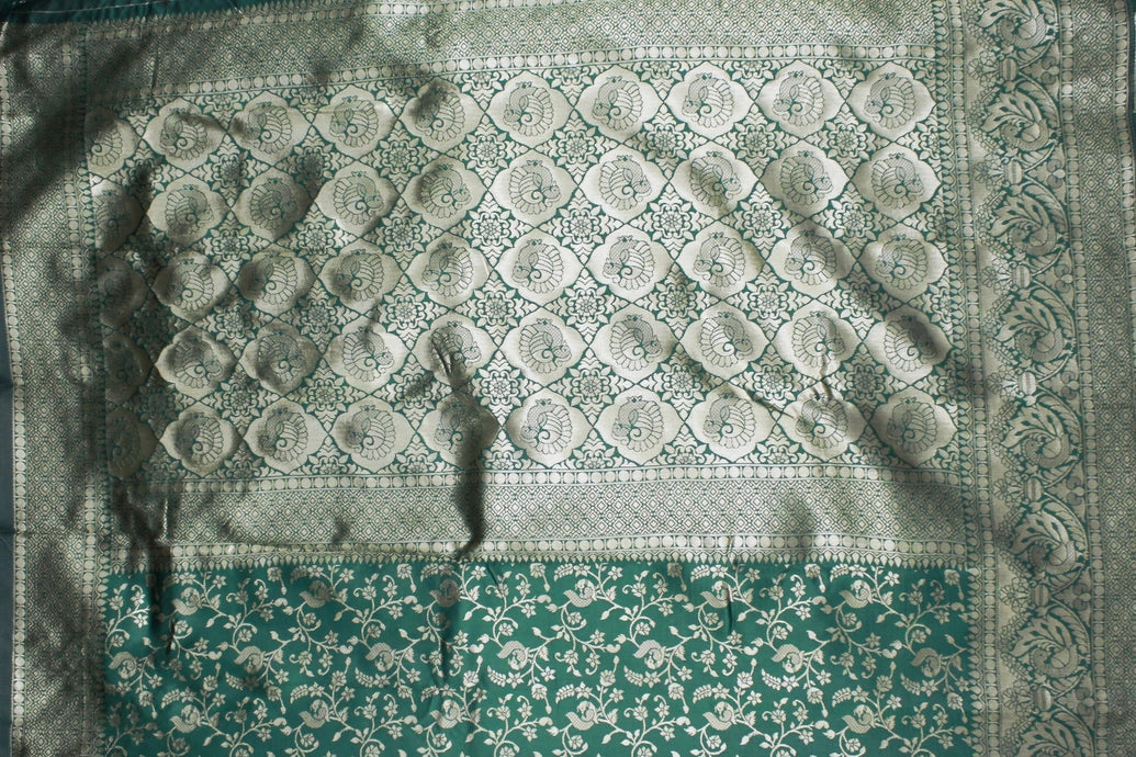 Green Banarasi Handloom Satin Saree with Floral Woven Embroidery Print, Includes Blouse