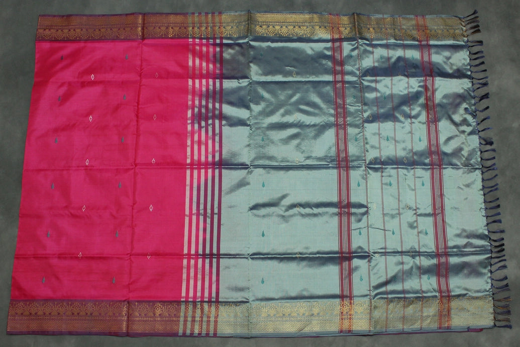 Steel Grey Vaazhai Naar (Banana Pith) Saree with Zari Border and Pink Pallu