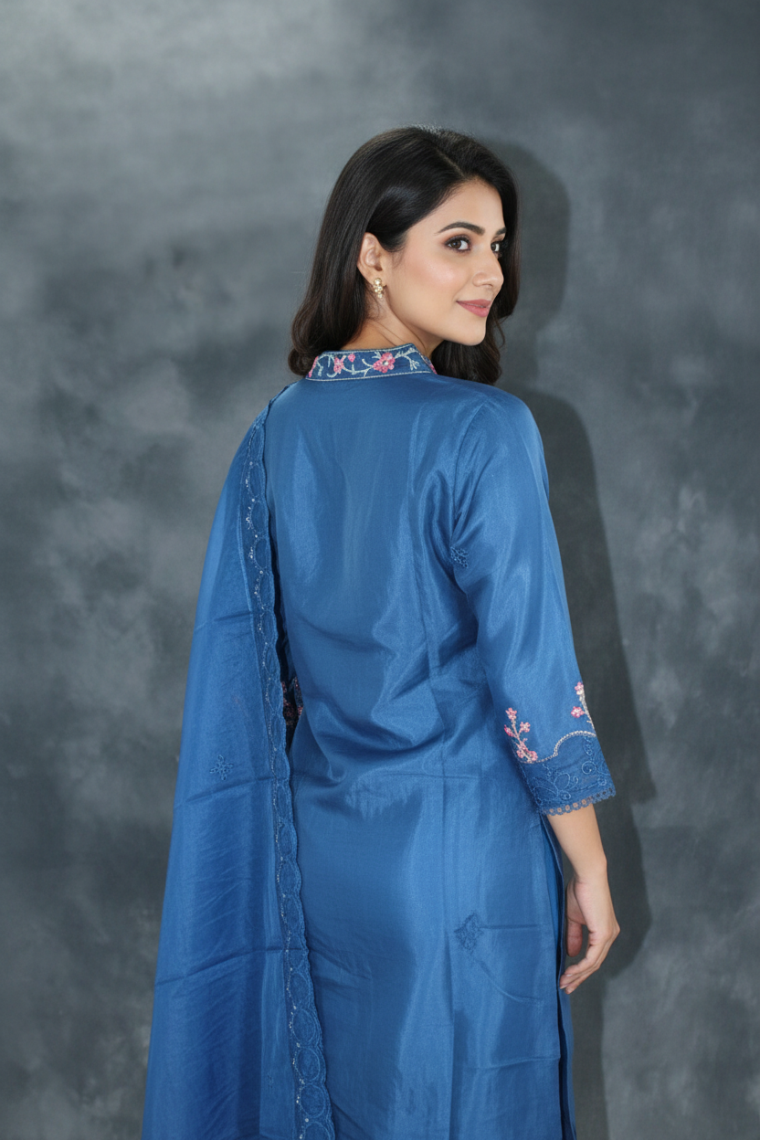 Navy Blue 3-Piece Organza Kurti Set with Khatli Work, V-Neck Embroidery & Sequins, Suit Bottom & Border Dupatta