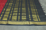 Kalyani Dark Red Cotton Saree with Black Golden Zari Border and Putta Motifs - Blouse Included Saree JCS Fashions