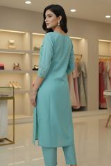 Pastel Blue Roman Silk 3-Piece Kurti Set with V Neck, Elastic Pant & Organza Zari Dupatta