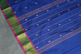 Royal Blue Poly Cotton Butta Saree with Gold Zari Floral Border, Striped Pallu - Traditional Indian Saree Saree JCS Fashions