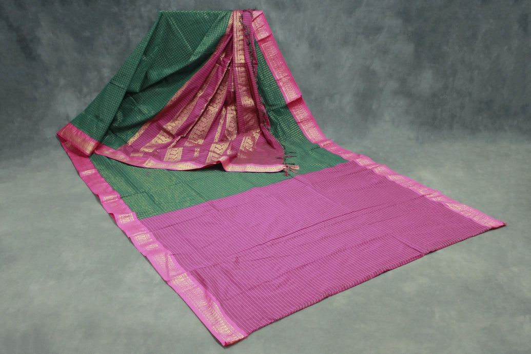Dark Green Kalyani Cotton Saree with Zari Checked and Peacock Border and Blouse