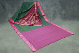 Dark Green Kalyani Cotton Saree with Zari Checked and Peacock Border and Blouse
