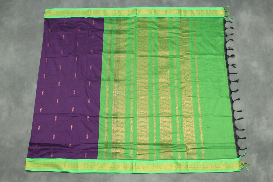 Traditional Kalyani Cotton Saree with Zari Border and Putta Motifs - Deep Violet & Green Saree JCS Fashions