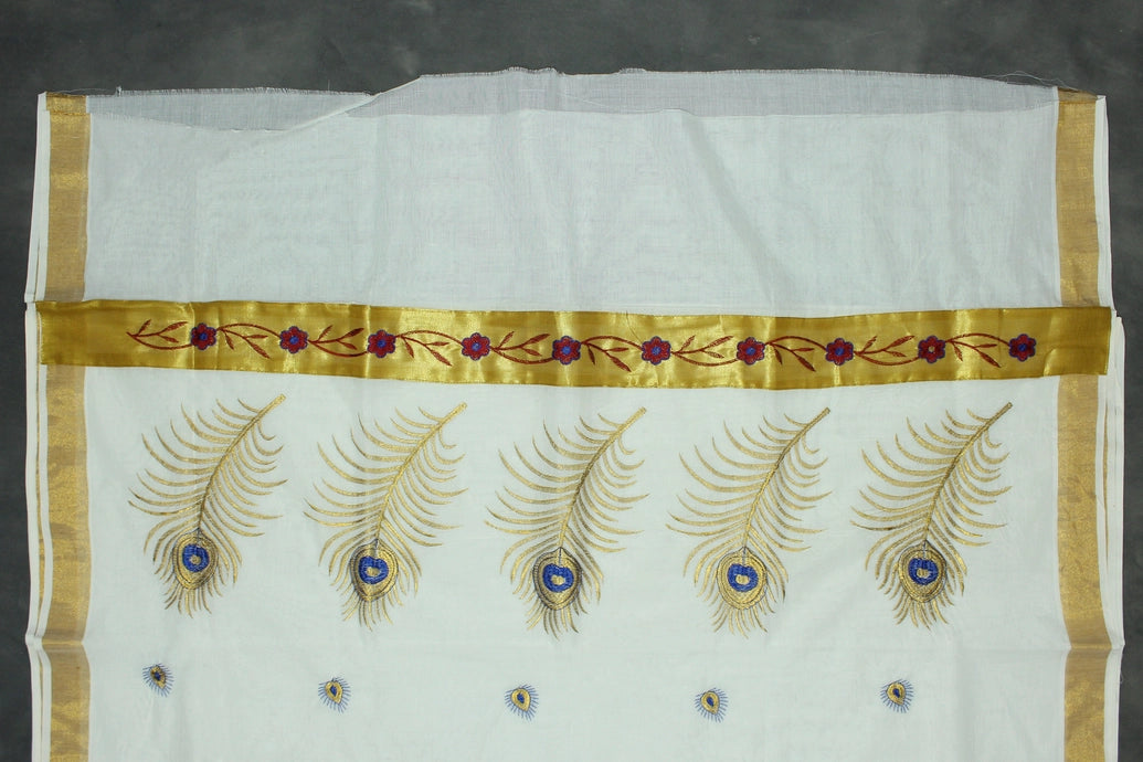 Pure Kerala Cotton White Saree – Gold Zari Peacock Embroidery with Blouse Piece