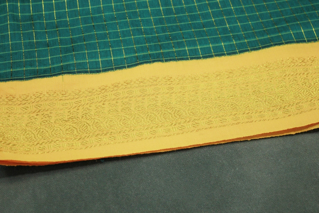Green Kalyani Cotton Saree with Zari Checked & Peacock Border, Comes with Blouse