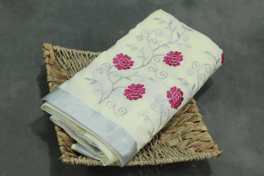 Half White Kerala Cotton Saree With Silver Zari Floral Embroidery and Thread Work