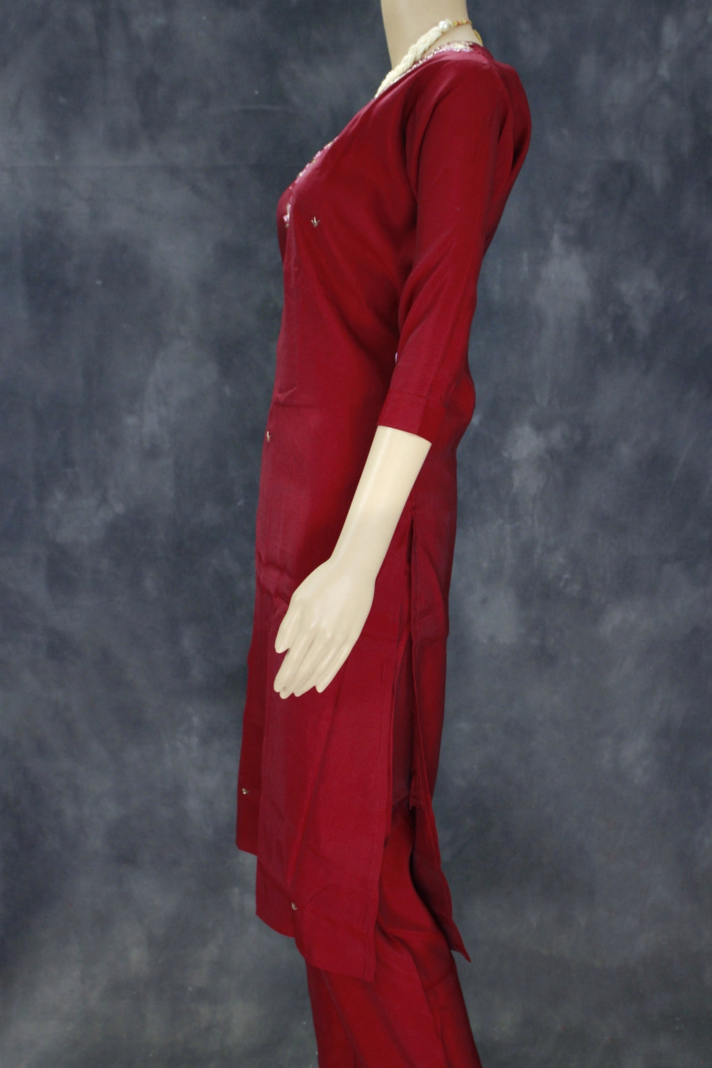 Maroon Silk 3-Piece Salwar Suit - Aari, Mirror & Pearl Embroidery with Organza Printed Dupatta