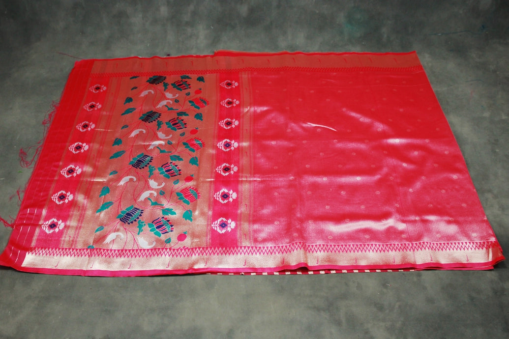 Dark Pink Paithani Tissue Fabric Saree with Zari Weaving and Blouse