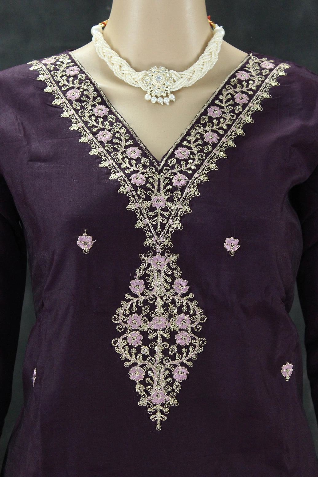 Roman Silk Wine Embroidered 3-Piece Kurta Set with Printed Digital Dupatta and Sequin Zari Handwork Kurti JCS Fashions