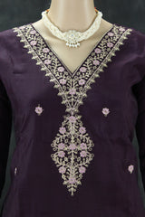Roman Silk Wine Embroidered 3-Piece Kurta Set with Printed Digital Dupatta and Sequin Zari Handwork Kurti JCS Fashions