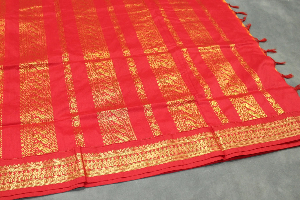 Kalyani Cotton Saree with Zari Border and Putta Designs, Traditional Orange Body with Red Pallu, Blouse Included Saree JCS Fashions