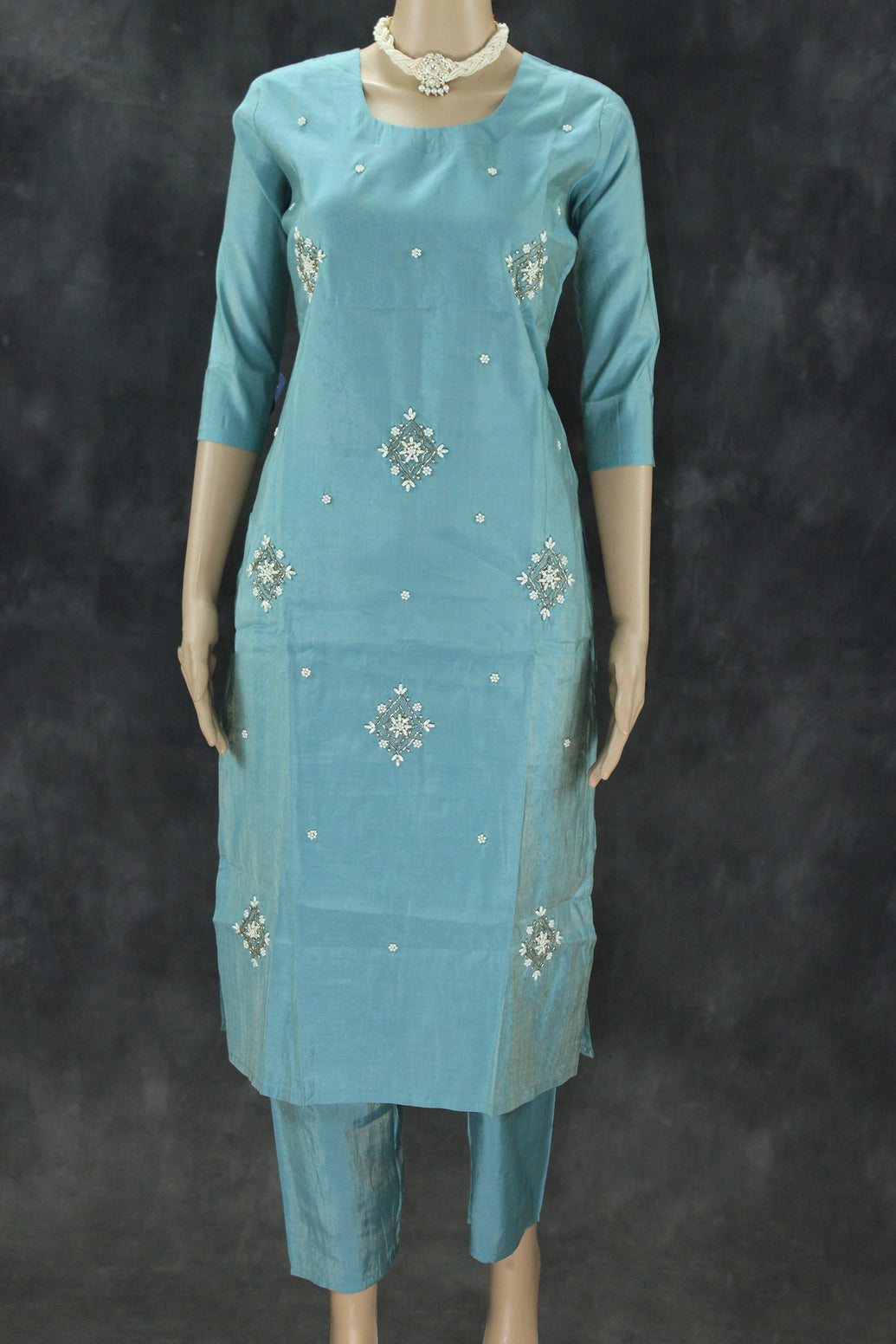 Pastel Blue Shimmer 3-Piece Salwar Suit with Aari & Pearl Embroidery, Organza Sequin and Printed Dupatta Kurti JCS Fashions