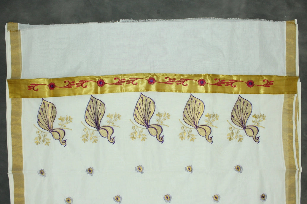 White Kerala Cotton Saree with Gold Zari and Purple Peacock Machine Embroidery, Includes Blouse Piece