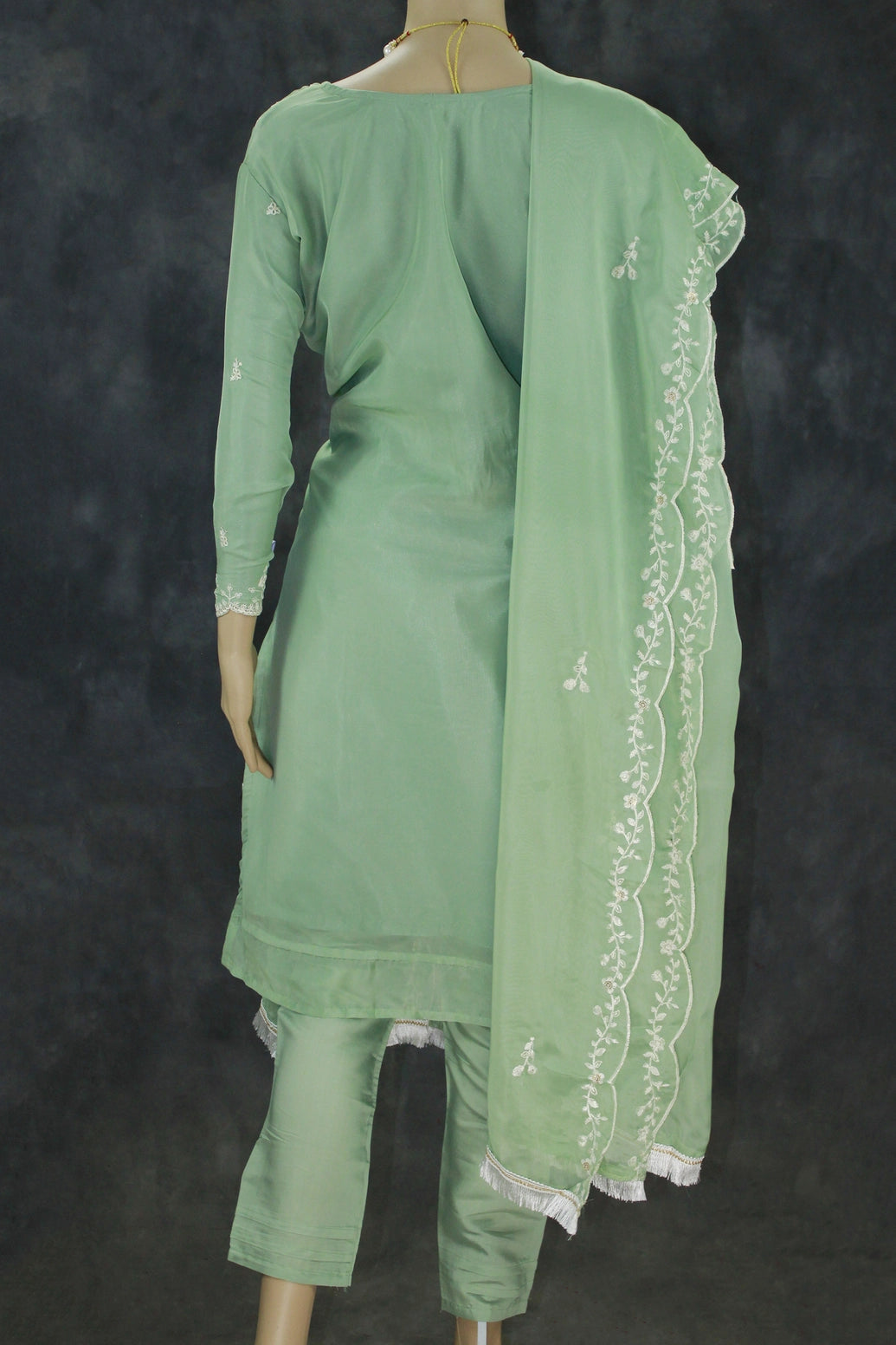 Pista Green 3-Piece Salwar Suit Set Kurti with Organza Khatli Work & Sequins, Roman Silk Bottom, Border Dupatta