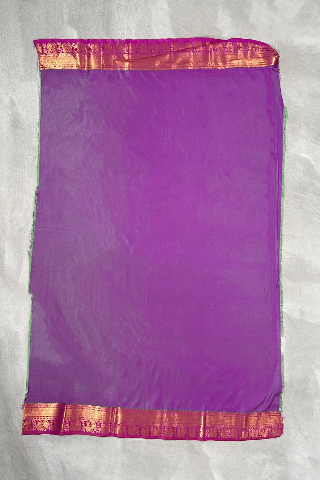 Green Semi Soft Silk Saree with Purple Contrast Border, Gold Zari Buttas & Traditional Floral Border
