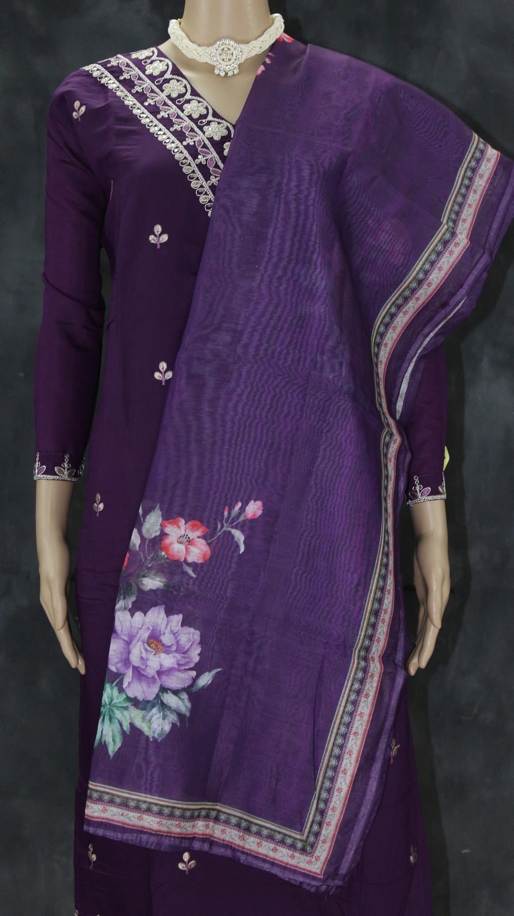 Dark Purple Roman Silk Kurti Pant Set with Sequins & Zari Work, V-Neck & Organza Dupatta