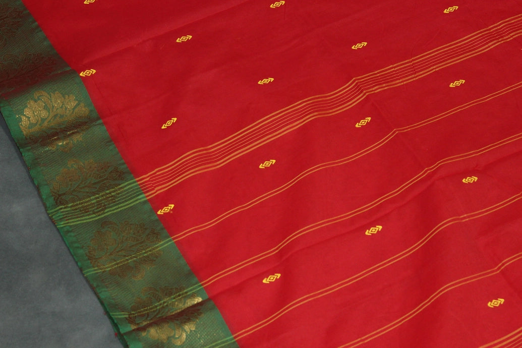 Red Poly Cotton Saree with Green Zari Floral Border and Gold Butta Motifs Saree JCS Fashions