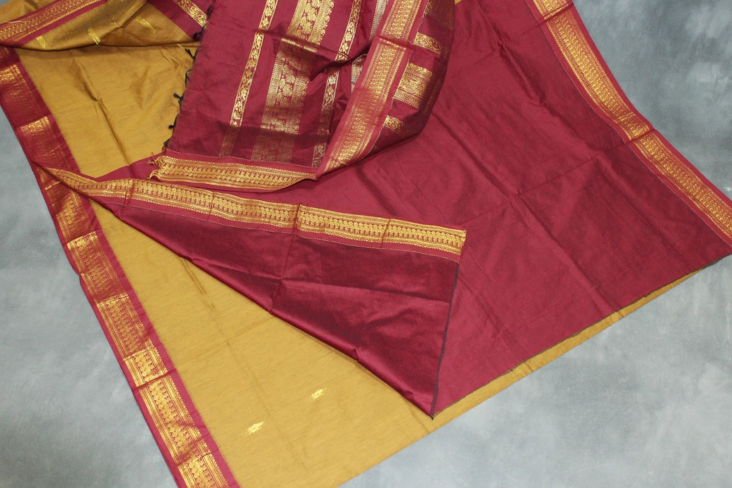 Silk Cotton Brown Saree with Maroon Grand Pallu and Thick Zari Border