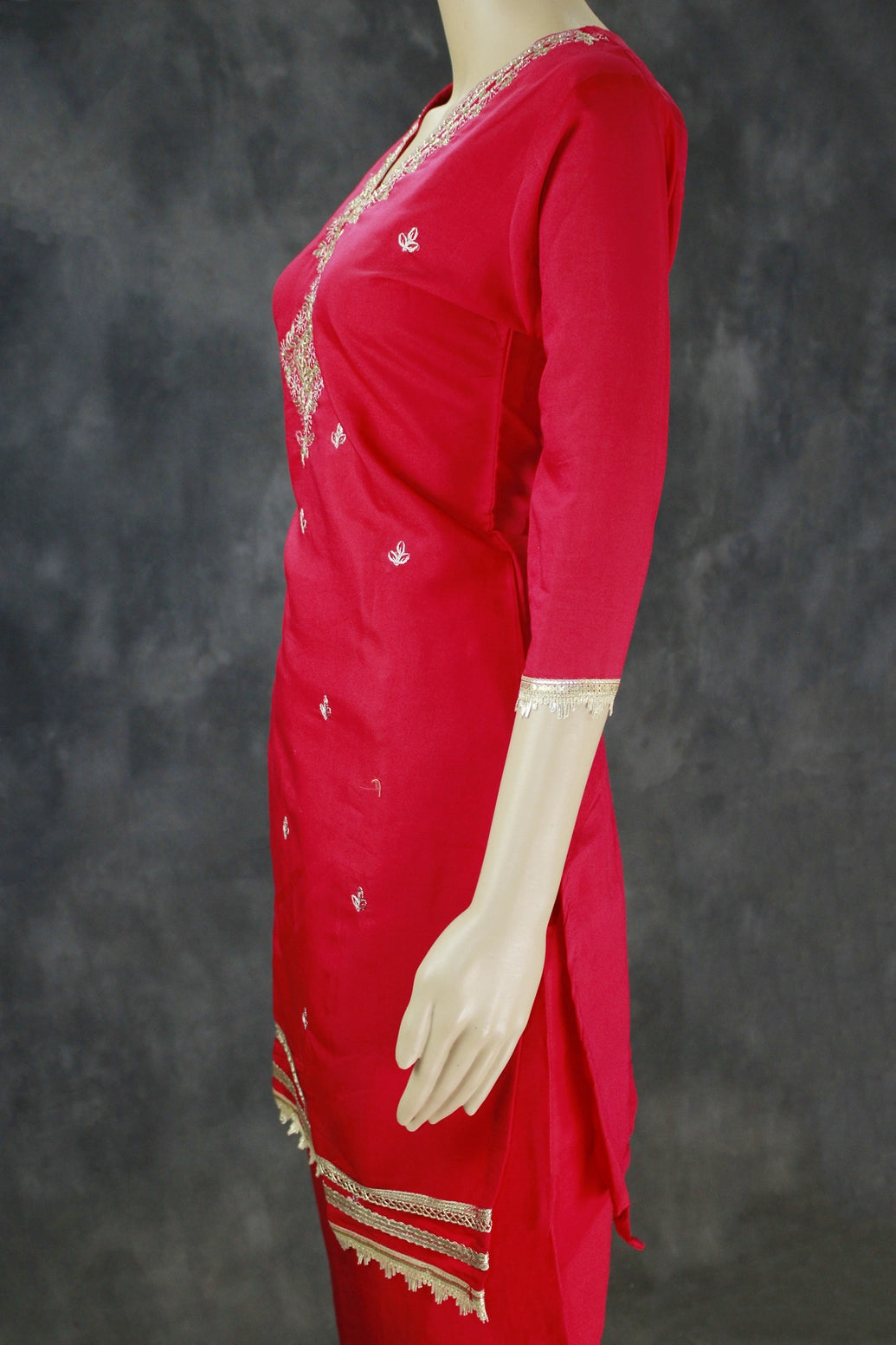 Roman Silk Rani Pink Three-Piece Kurti Set with Banarasi Dupatta
