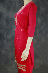 Roman Silk Rani Pink Three-Piece Kurti Set with Banarasi Dupatta
