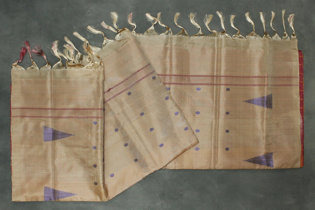 Handwoven Vaazhai Naar Banana Pith Saree in Brown with Small Purple Butta Motifs, Borderless Traditional Weave
