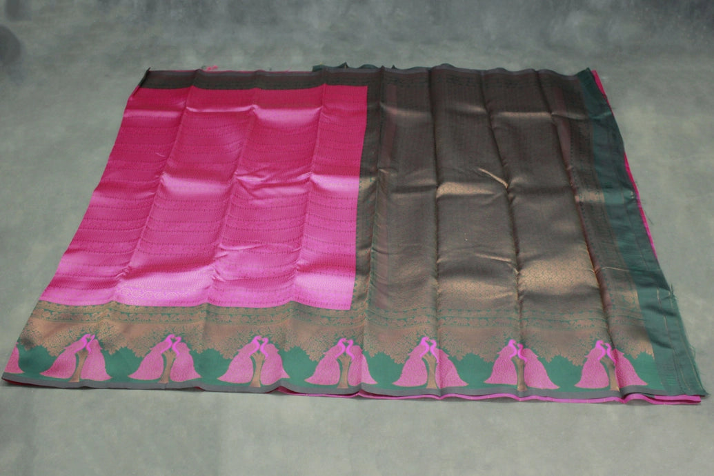 Magenta Pink Kubera Silk Saree with Peacock Design Border and Contrast Pallu for Women