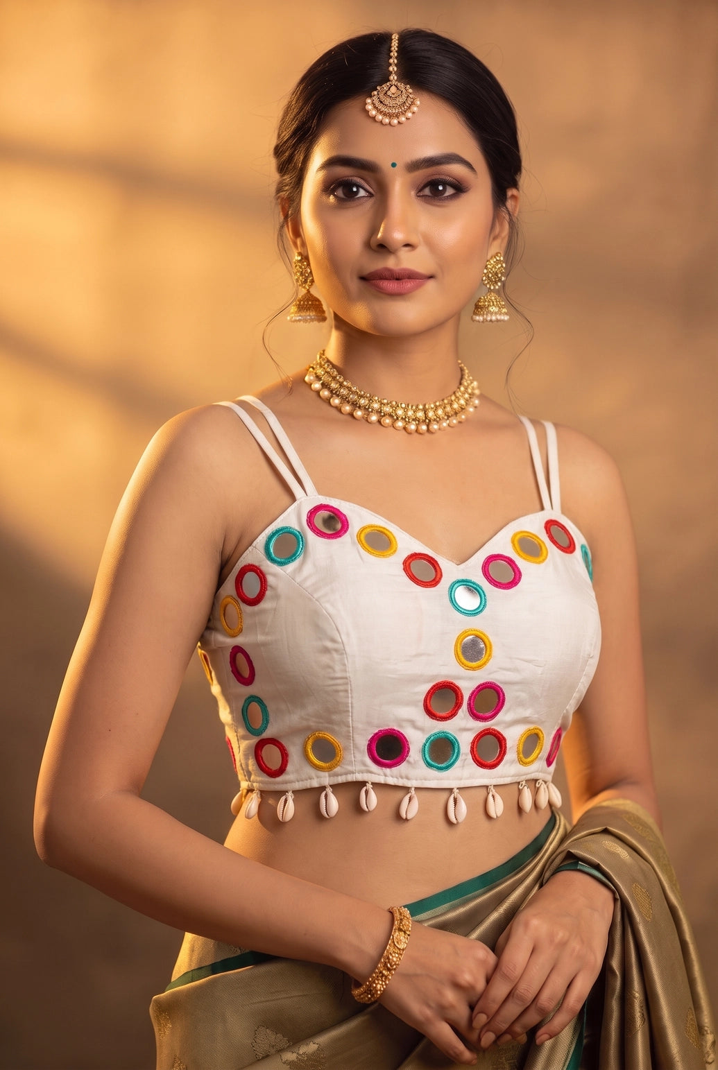 Navratri Mirror-Work Cowrie-Border Sleeveless Sweetheart Neck Blouse for Women in Embellished Finish