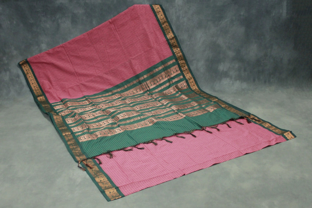 Onion Pink Cotton Kalyani Saree with Zari Checked Border and Zari Peacock Border, Blouse Included