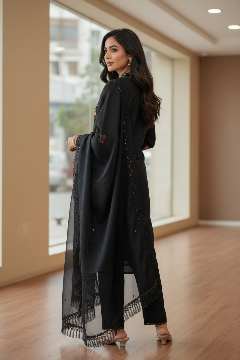Black Organza 3-Piece Salwar Suit Set with Khatli Work Kurti, Roman Silk Bottom & Border Dupatta