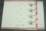 Pure Kerala Cotton Saree with Copper Zari Peacock Embroidery - White