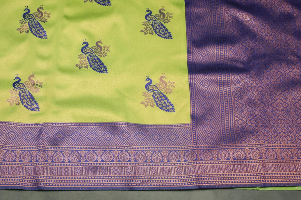 Green Kubera Pattu Semi Silk Saree with Big Peacock Motif & Big Zari Border, Includes Blouse