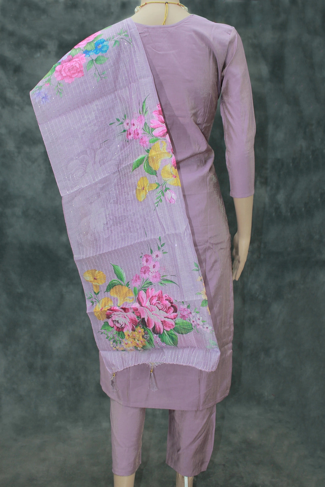 Lavender Shimmer 3-Piece Kurti Set with Aari & Pearl Embroidery, Elastic Pants and Printed Organza Dupatta