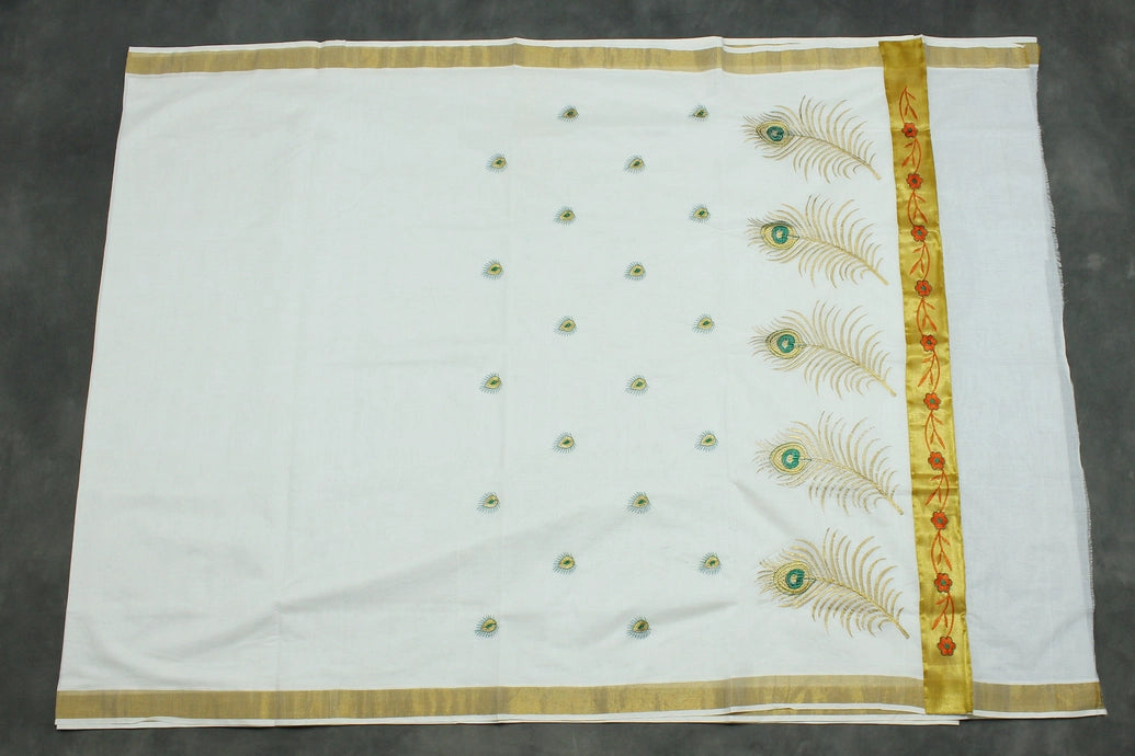 Pure Kerala Cotton White Saree with Gold-Tone Peacock Zari Embroidery and Blouse Piece