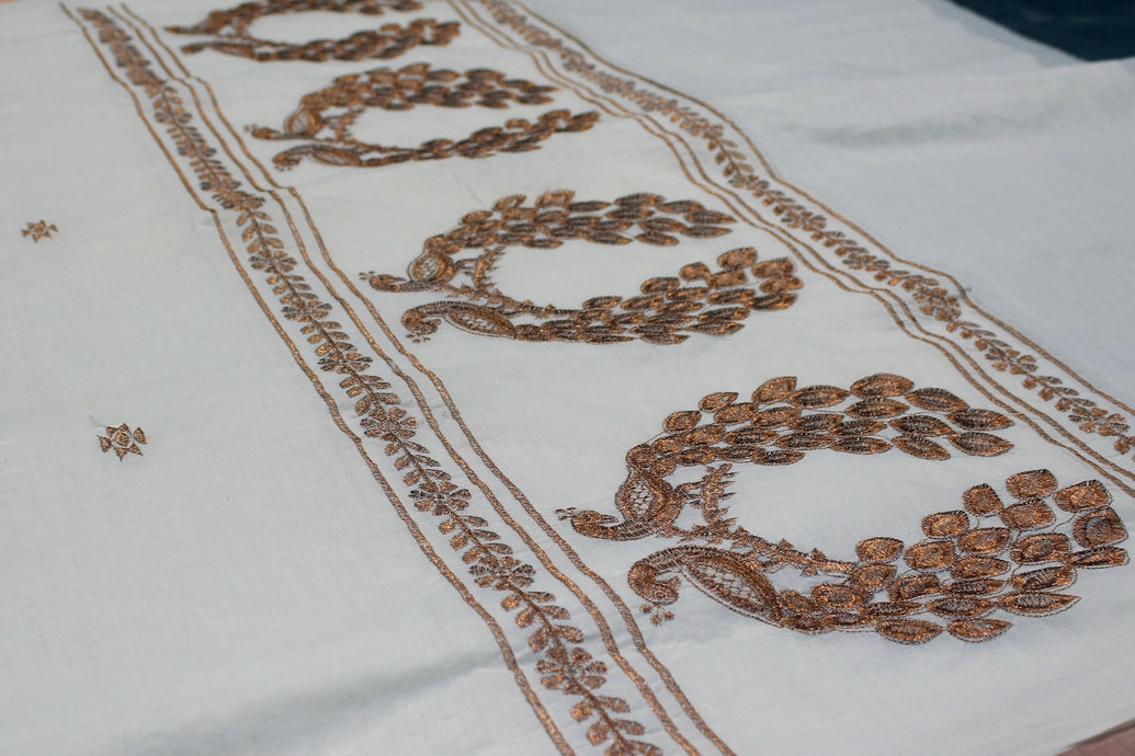 Pure Kerala Cotton White Saree with Copper Zari Peacock Embroidery, Includes Blouse Piece