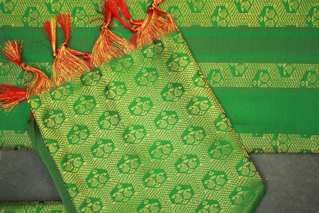 Forest Green Ponnadai Poly Silk Jacquard Temple Shawl with Zari Pattern & Tassels for Functions, 2m Dupatta