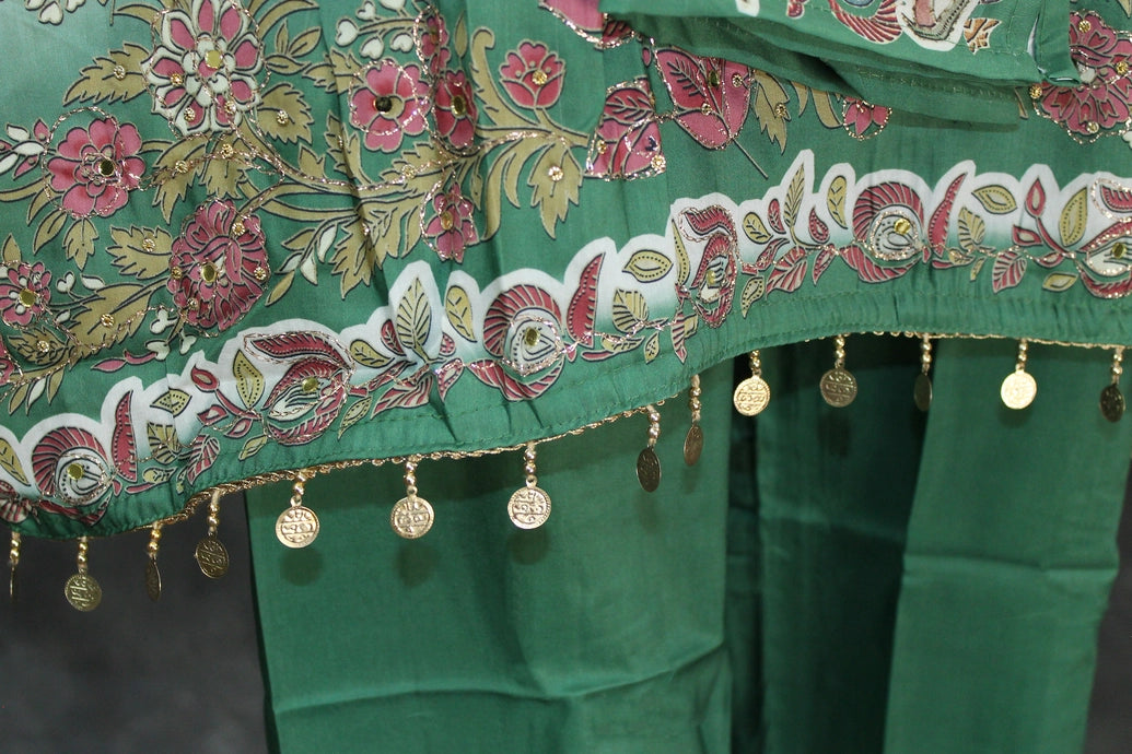 Cream and Green Printed Crepe Salwar Suit - 3 Piece Pakistani Style Kurti, Pant and Cotton Dupatta