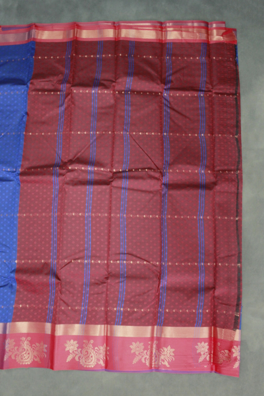 Navy Blue Emboss Silk Saree with Floral Design Satin Border and Blouse Piece