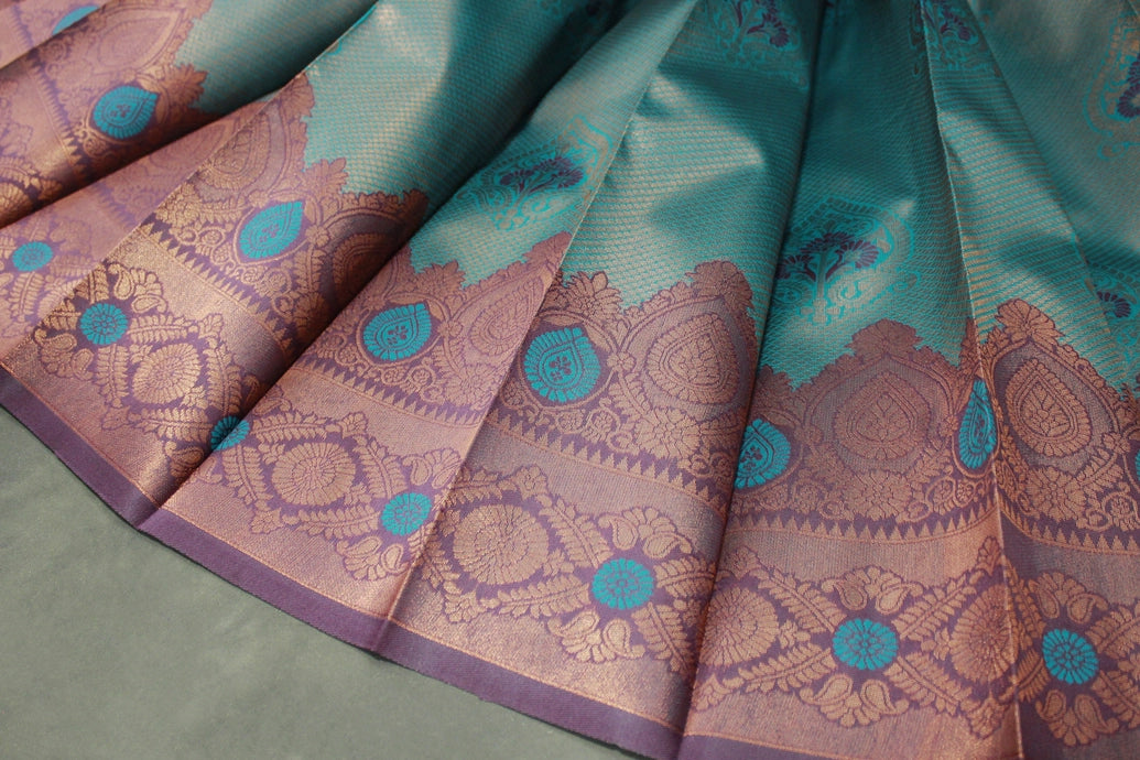 Dark Teal Kubera Pattu Silk Saree with Designer Border, Matching Blouse Piece