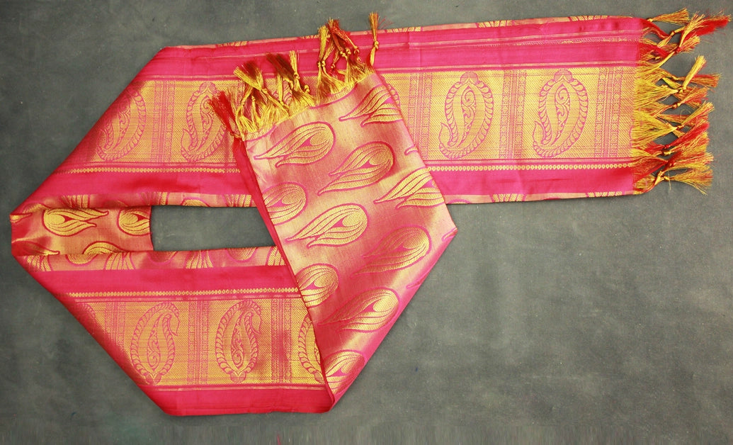 Pink Zari Pattu Shawl with Decorative Border, 70 inch Traditional Ponnadai for Arangetram and Events