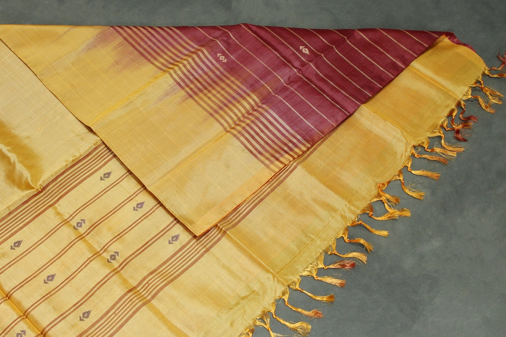 Traditional Orange Vaazhai Naar (Banana Pith) Borderless Saree with Small Butta Motifs and Contrast Pallu