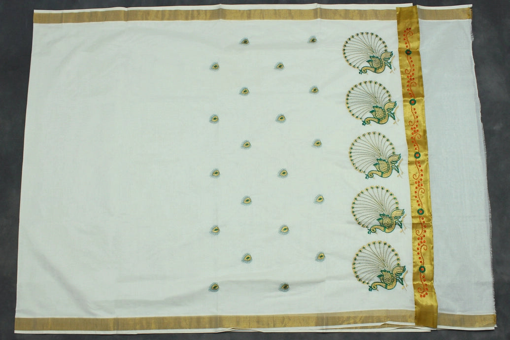 White Kerala Cotton Saree with Gold Zari and Green Peacock Thread Embroidery, Lightweight Traditional Pallu, Includes Blouse Piece
