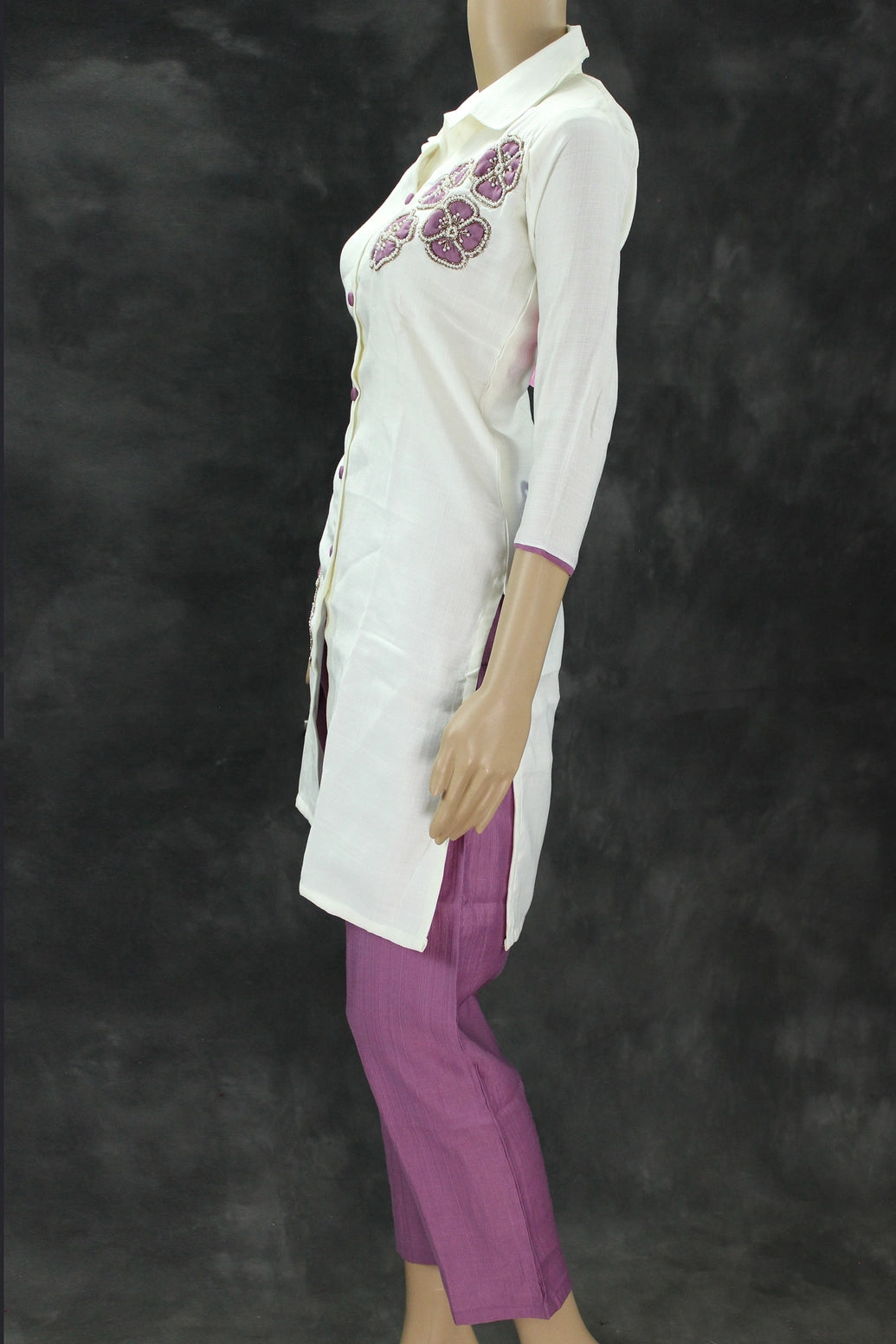 White & Lavender Cotton-Rayon Embroidered Aari Work Kurti Set with Straight Pants - Collar Neck, 3/4 Sleeve Kurti JCS Fashions